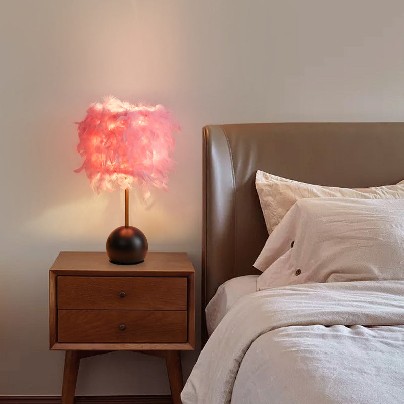 Cylinder Nightstand Light Nordic Feather 1-Light Bedroom Table Lamp with Dome Pedestal