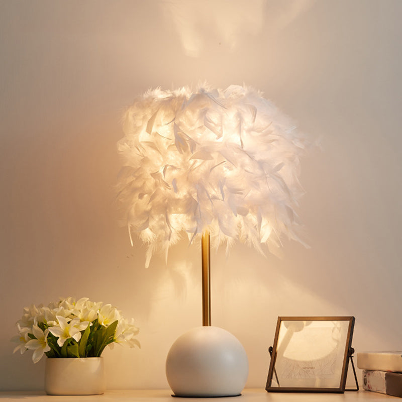 Cylinder Nightstand Light Nordic Feather 1-Light Bedroom Table Lamp with Dome Pedestal