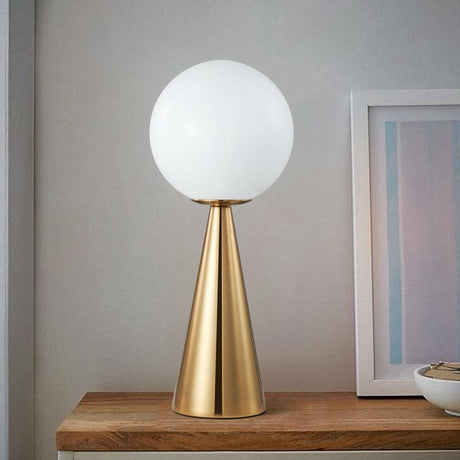 Brass Plated Conical Table Lamp Minimalist Single Metal Night Light with Ball White Glass Shade