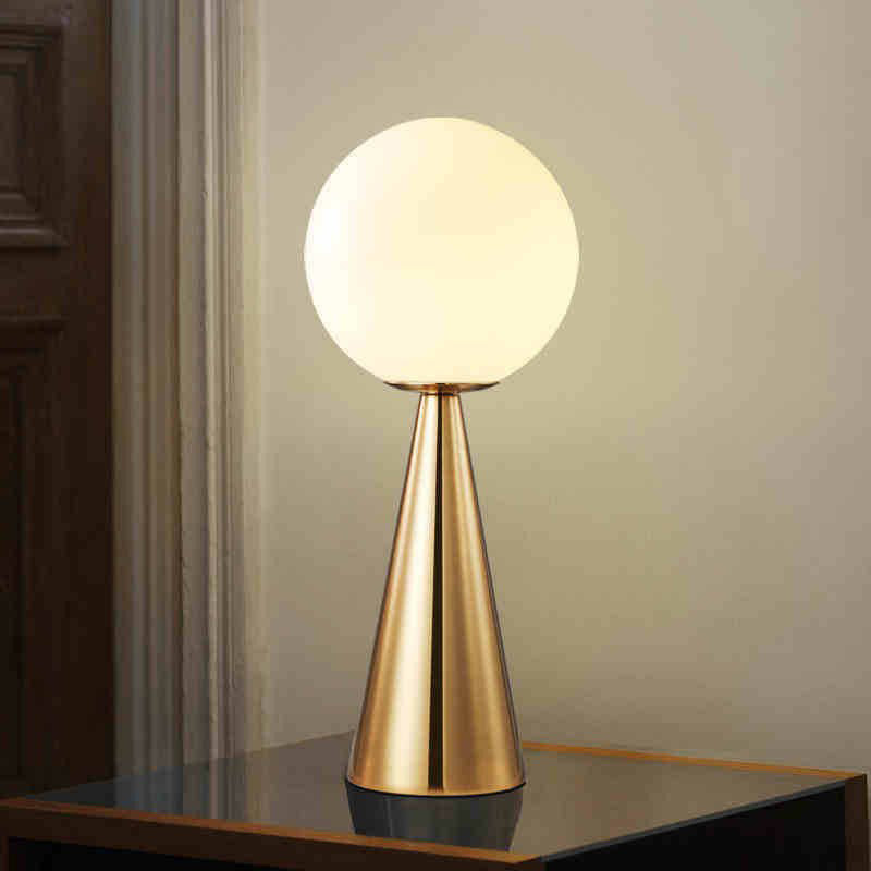 Brass Plated Conical Table Lamp Minimalist Single Metal Night Light with Ball White Glass Shade