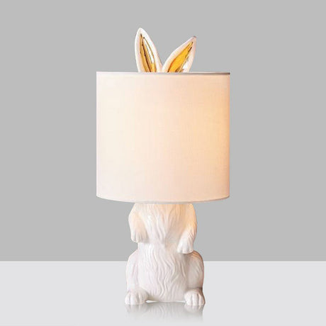 Cartoon Cylindrical Night Light Fabric 1 Head Bedroom Table Light with Rabbit Pedestal in White