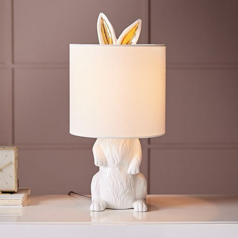 Cartoon Cylindrical Night Light Fabric 1 Head Bedroom Table Light with Rabbit Pedestal in White