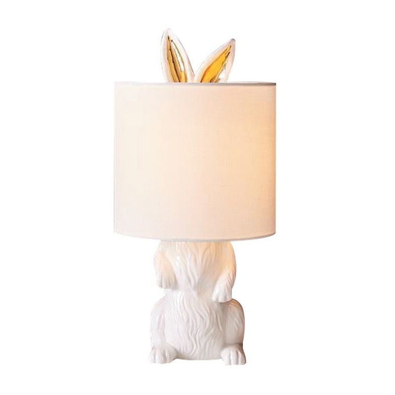 Cartoon Cylindrical Night Light Fabric 1 Head Bedroom Table Light with Rabbit Pedestal in White