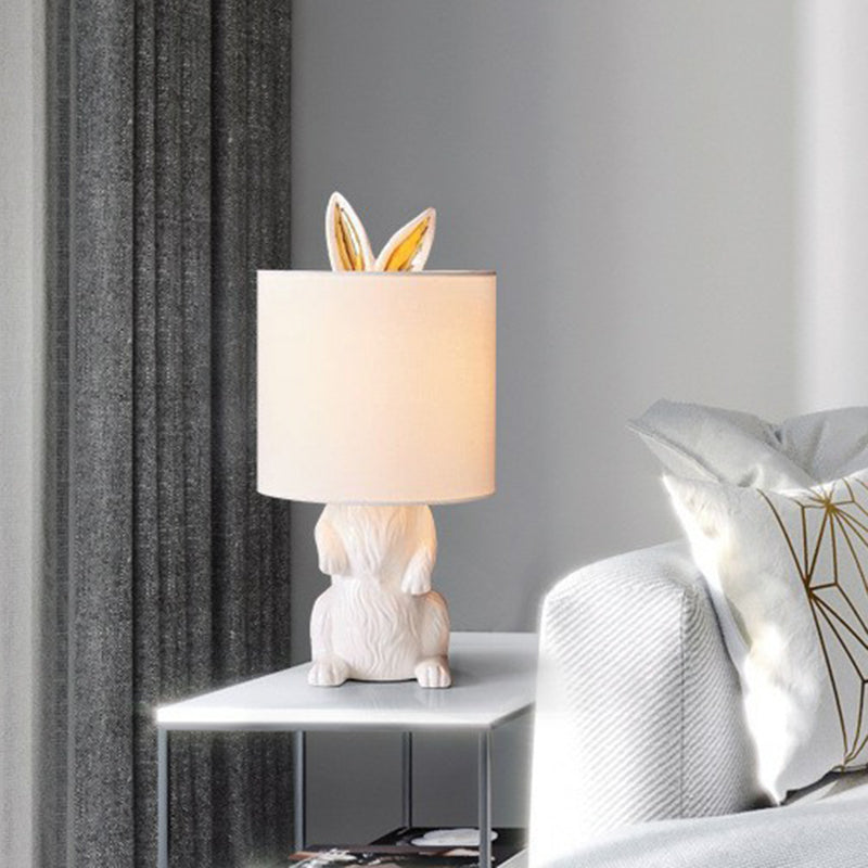 Cartoon Cylindrical Night Light Fabric 1 Head Bedroom Table Light with Rabbit Pedestal in White