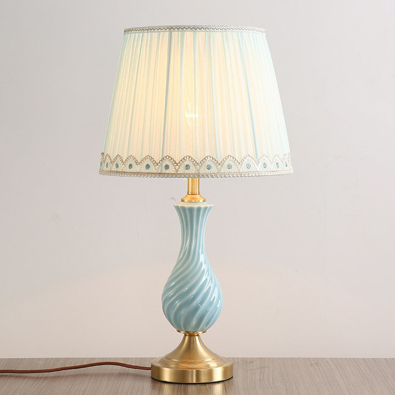 Blue Vase Nightstand Light Modern 1-Bulb Ceramic Table Lamp with Pleated Fabric Shade