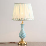 Blue Vase Nightstand Light Modern 1-Bulb Ceramic Table Lamp with Pleated Fabric Shade