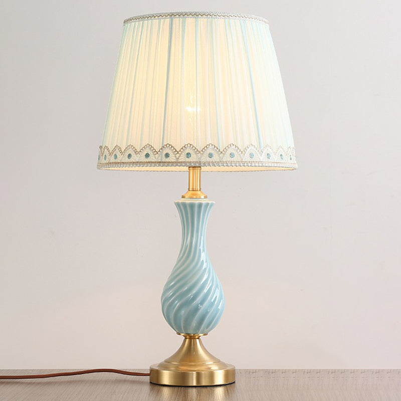 Blue Vase Nightstand Light Modern 1-Bulb Ceramic Table Lamp with Pleated Fabric Shade