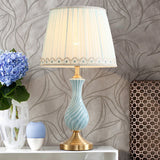 Blue Vase Nightstand Light Modern 1-Bulb Ceramic Table Lamp with Pleated Fabric Shade