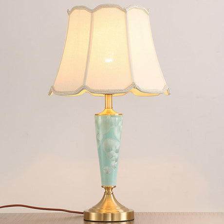 Classic Scalloped Table Lamp Single-Bulb Fabric Night Light with Flared Bottom in Blue