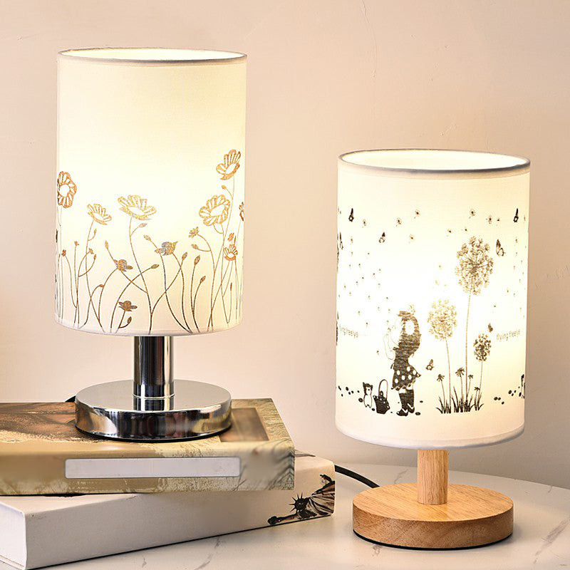 Cylinder Bedside Table Lamp Print Fabric 1-Light Minimalist Nightstand Light in White