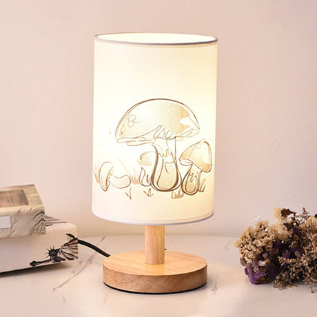 Cylinder Bedside Table Lamp Print Fabric 1-Light Minimalist Nightstand Light in White