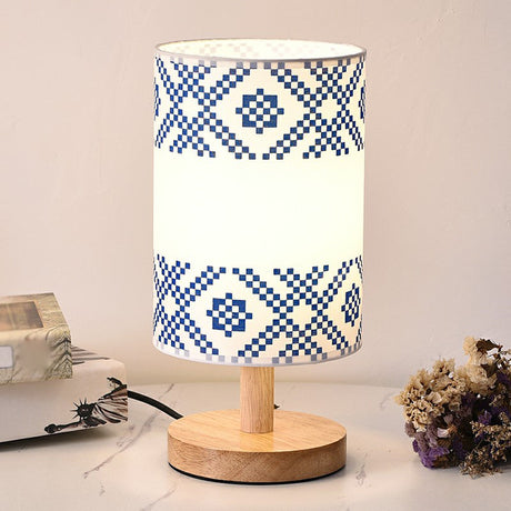 Cylinder Bedside Table Lamp Print Fabric 1-Light Minimalist Nightstand Light in White