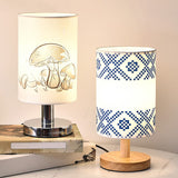 Cylinder Bedside Table Lamp Print Fabric 1-Light Minimalist Nightstand Light in White