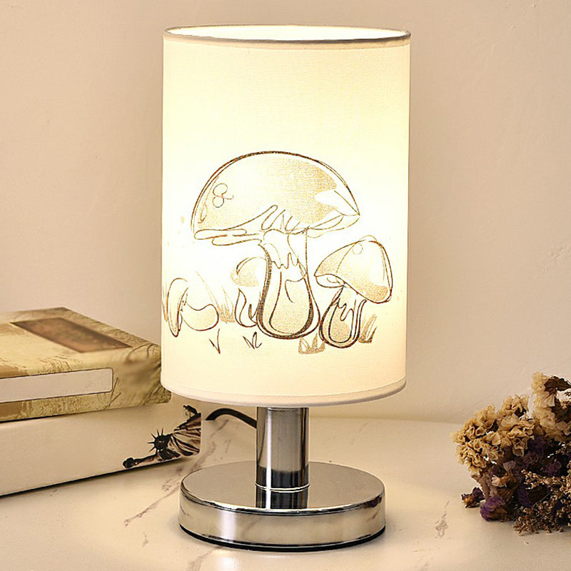 Cylinder Bedside Table Lamp Print Fabric 1-Light Minimalist Nightstand Light in White