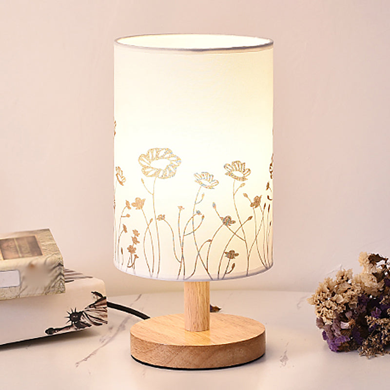 Cylinder Bedside Table Lamp Print Fabric 1-Light Minimalist Nightstand Light in White