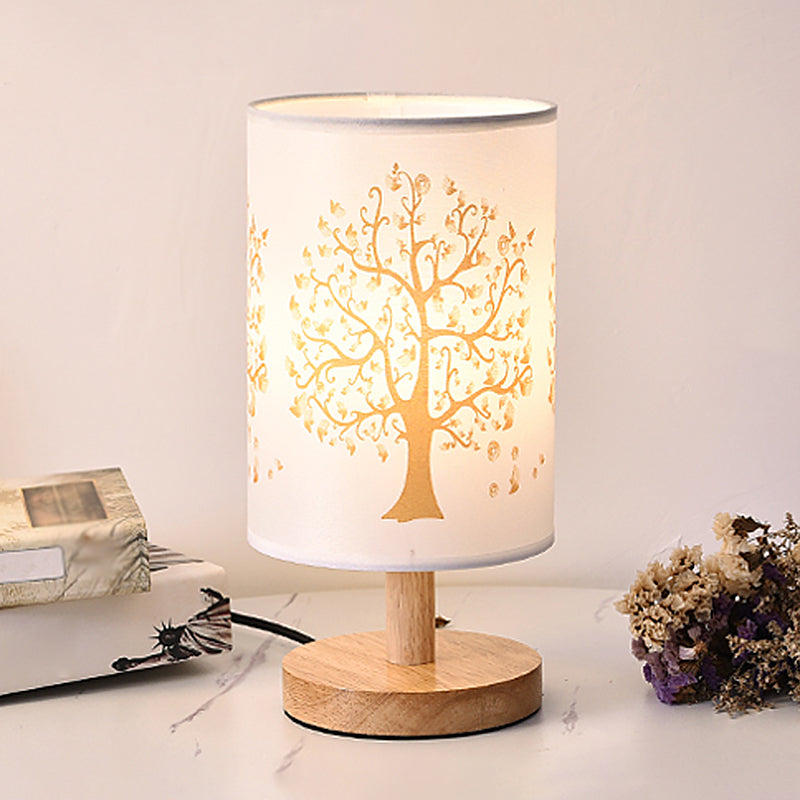 Cylinder Bedside Table Lamp Print Fabric 1-Light Minimalist Nightstand Light in White