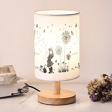 Cylinder Bedside Table Lamp Print Fabric 1-Light Minimalist Nightstand Light in White