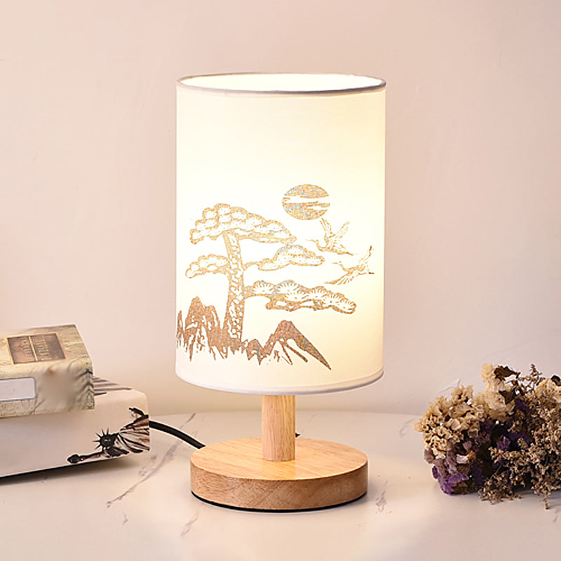 Cylinder Bedside Table Lamp Print Fabric 1-Light Minimalist Nightstand Light in White