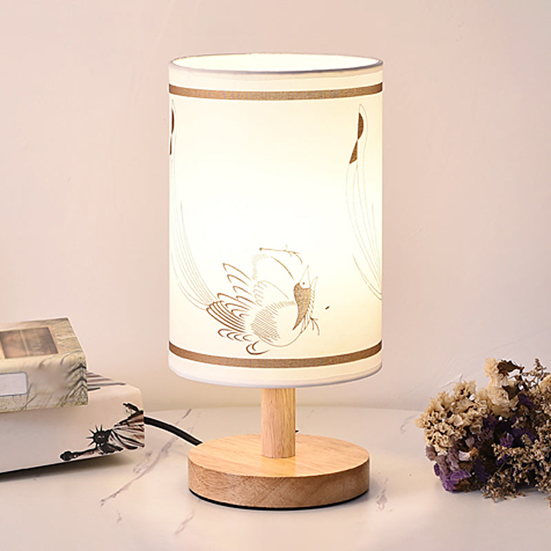 Cylinder Bedside Table Lamp Print Fabric 1-Light Minimalist Nightstand Light in White