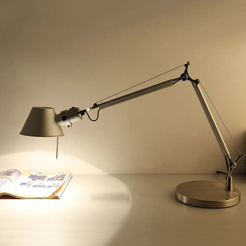 Industrial Telescopic Table Lamp 1-Light Metal Reading Book Light with Tapered Shade in Silver