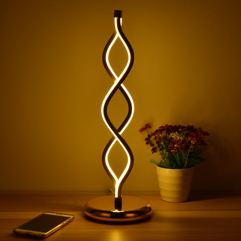 Gold Wavy Strip Table Lamp Art Deco LED Aluminum Nightstand Light with Plug-in Cord