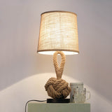1-Bulb Bucket Shade Table Light Rustic Flaxen Fabric Night Lamp with Twisted Rope Base