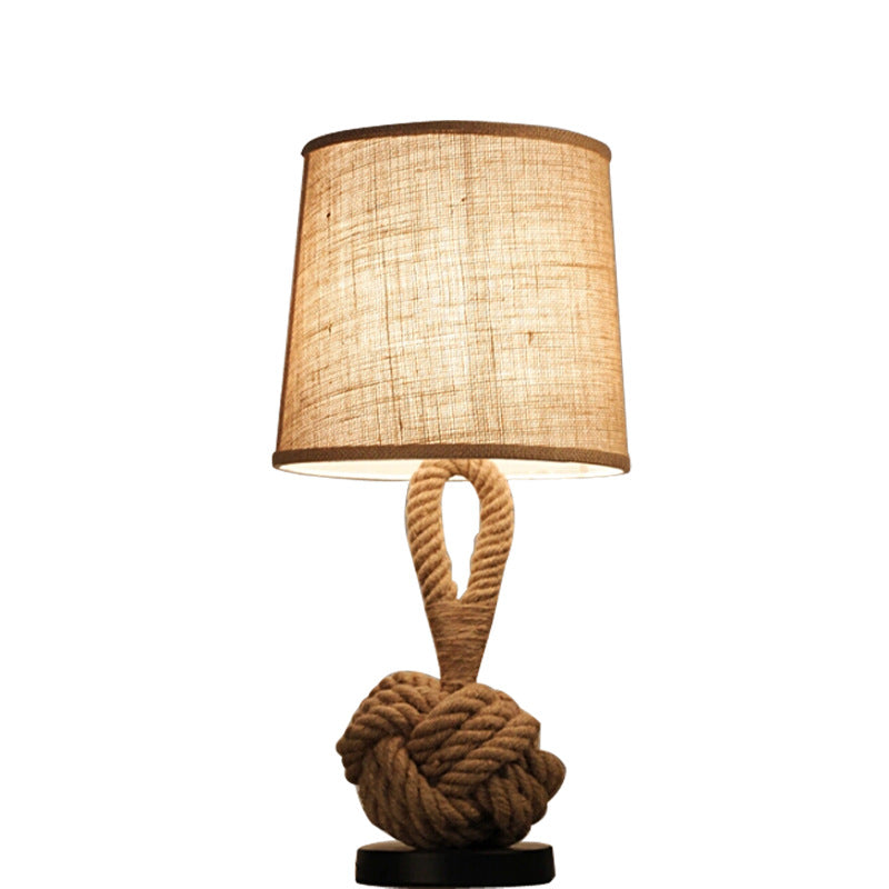 1-Bulb Bucket Shade Table Light Rustic Flaxen Fabric Night Lamp with Twisted Rope Base