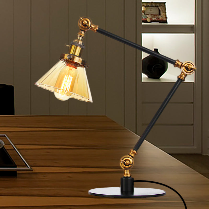 Cone Clear/Amber Glass Table Lamp Warehouse Stylish 1 Light Black/Brass Table Lighting for Study Room