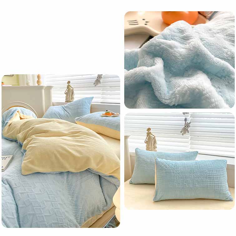 Geometric Pattern Coral Fleece Solid Duvet Cover Bedding Set