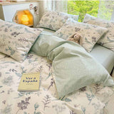 Green Leaves and Flowers Bedding Set Washable 60s Cotton Duvet Cover Bedding Set