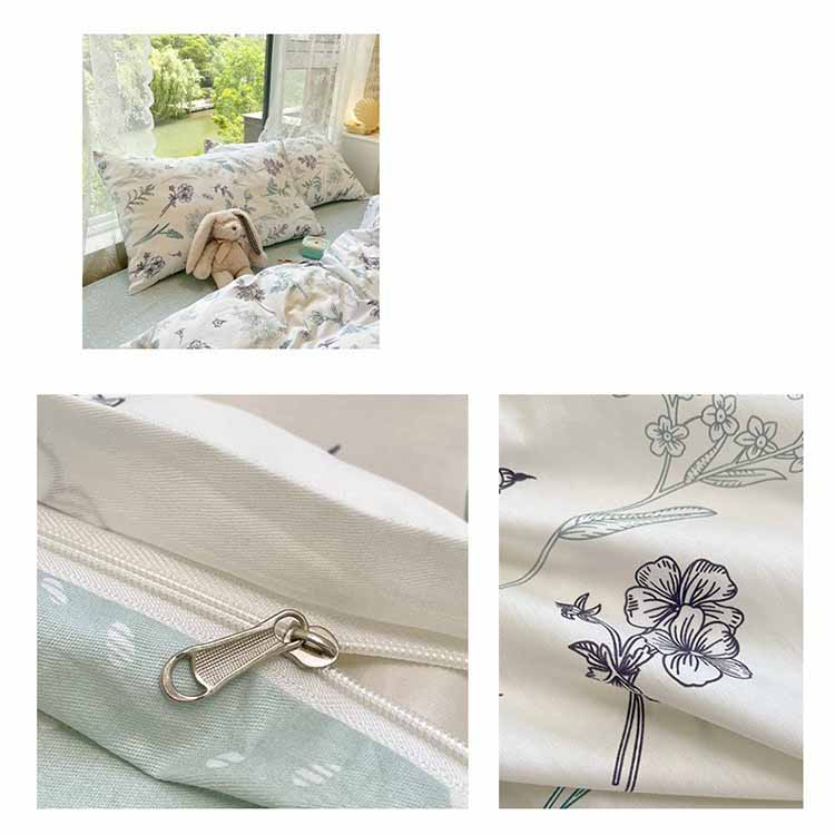 Green Leaves and Flowers Bedding Set Washable 60s Cotton Duvet Cover Bedding Set