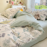 Green Leaves and Flowers Bedding Set Washable 60s Cotton Duvet Cover Bedding Set