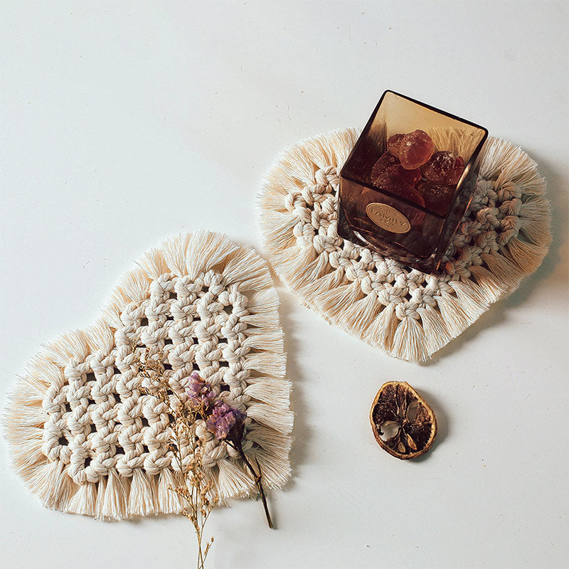 Bohemia Woven Cotton Linen Tassel Heart Placemats Coasters (3PCS)
