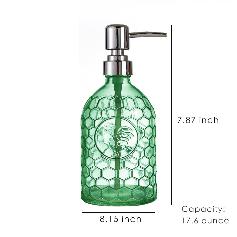 Glass Soap Dispenser, Green Rooster Pump Bottle, 500ml/17.6 oz