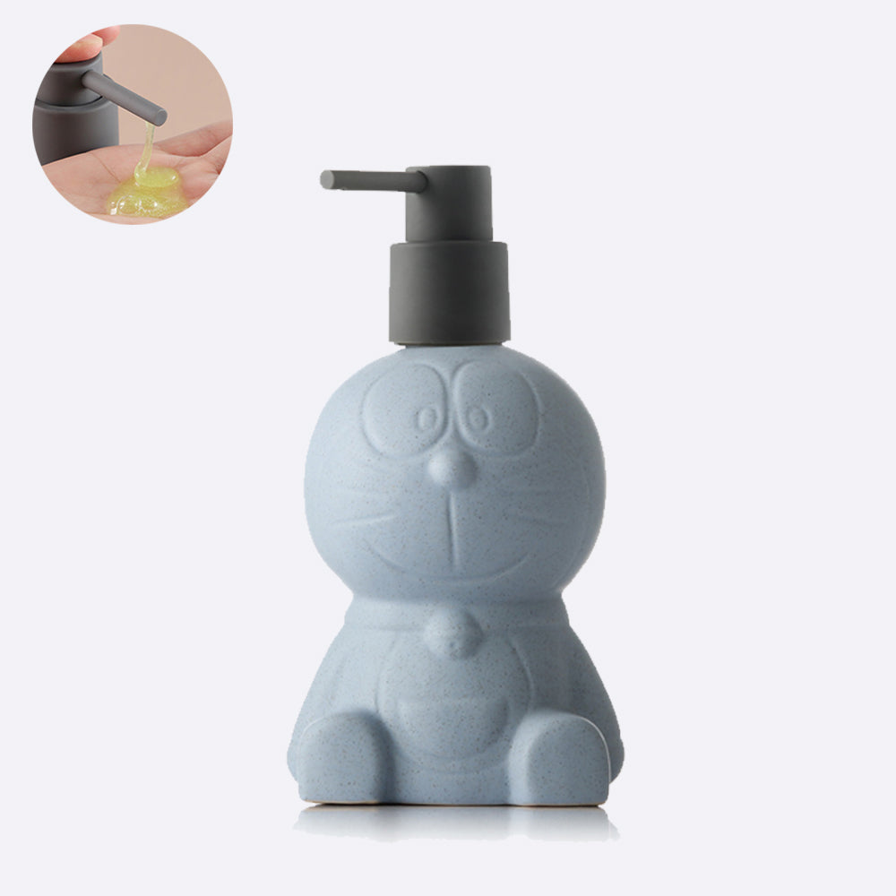 Off white Ceramic Soap Dispenser, Liquid Bathroom Bottle, Blue Robot-Cat, Refillable Reusable Lotion Pump for Bathroom Kitchen, 500ml/16.9oz