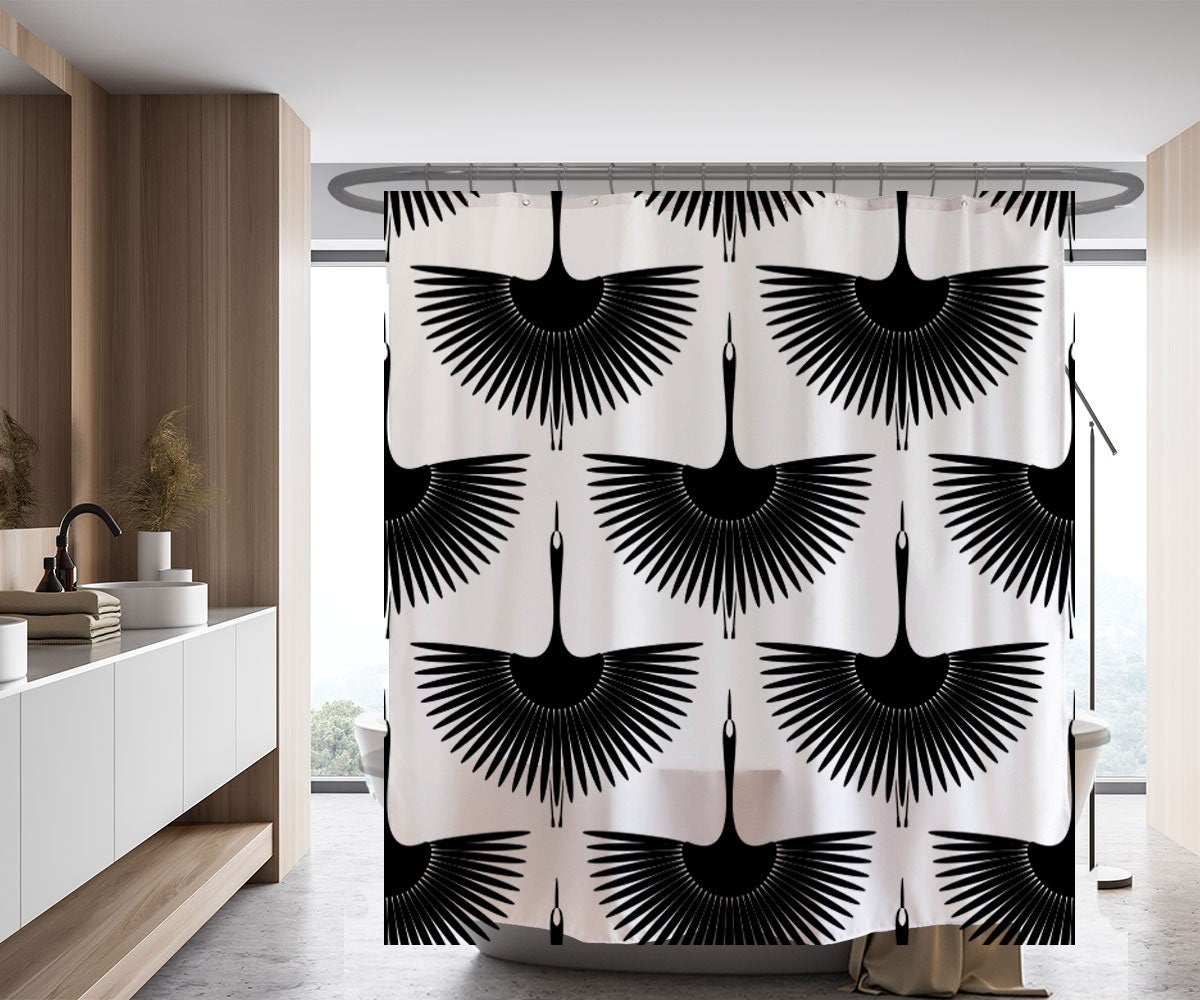 Feblilac Black and White Crane Shower Curtain with Hooks, Bathroom Curtains with Ring, Unique Bathroom décor, Boho Shower Curtain, Customized Bathroom Curtains, Extra Long Shower Curtain