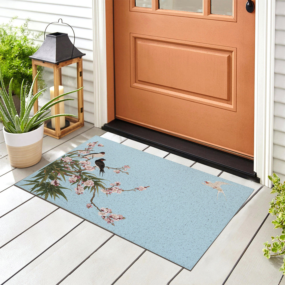 Birds and Flowers in Blue Background PVC Entrance Mat