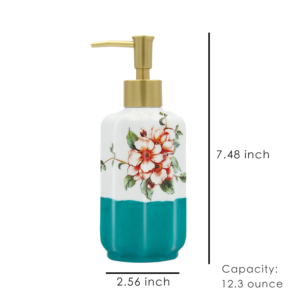 Floral Ceramic Soap Dispenser, Elegant-Design Pump Bottle, 350ml/12.3 oz