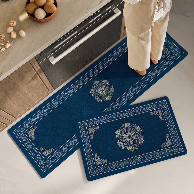 Feblilac Chinese Style Blue Window Grilles PVC Leather Kitchen Mat
