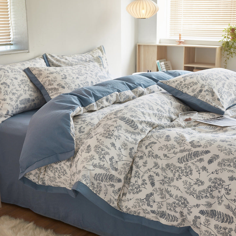 Autumn/Winter Blue leaves Floral Class A Washable Double Yarn Cotton/Linen Duvet Cover Four-Piece Bedding Set