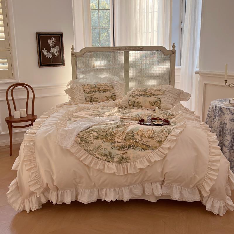 100% Cotton Renaissance French Romance Style Lacy Duvet Cover Bedding Set