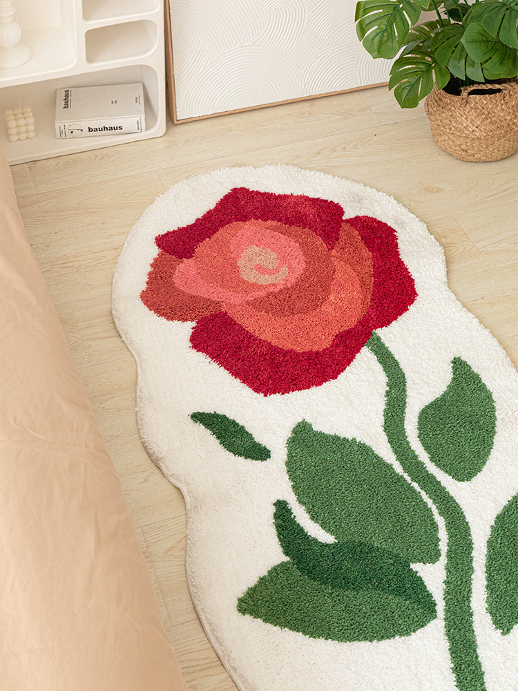 Red Rose Bedroom Runner Mat, Floral Bathroom Rug, Soft Plush Anti Slip Mat for Bedroom Bathroom, Soft Thick Area Carpet