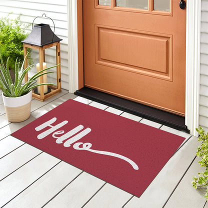 Hello Welcome Home in Red Background PVC Entrance Mat