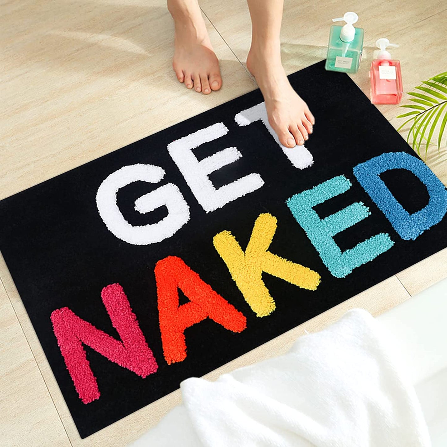 Feblilac Colorful Get Naked Black Ground Bathroom Mat, 50x80cm Bathroom Rug, Plush Water-Absorbent , Anti Slip Toilet Mat,  Art Bathroom Mats, Best Bath Rugs