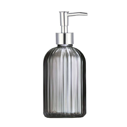 Gray Glass Soap Dispenser, Simple Lines Pump Bottle, 420ml/14.07 oz