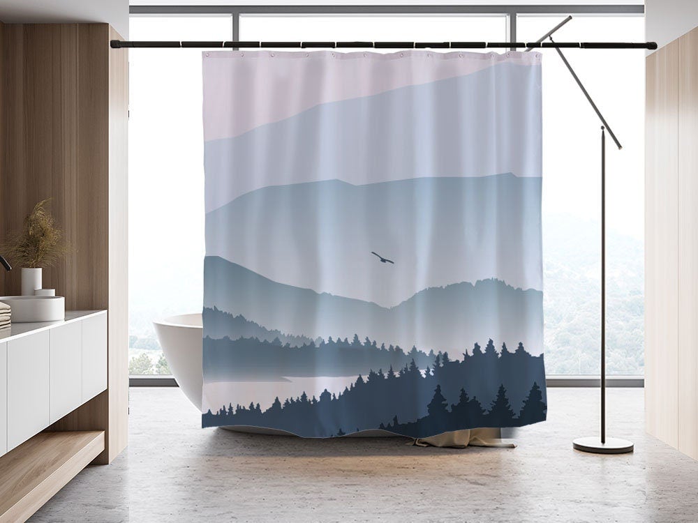 Blue Mountain and Bird Shower Curtain