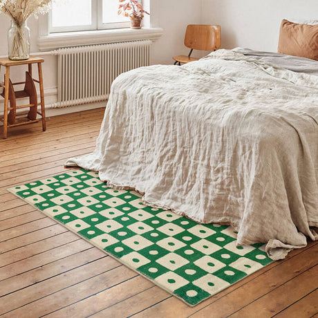 Green and Cream Checked Dot Bedroom Runner