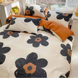 Black Orange Flowers Stripe Cream Bedding Set Washable 60s Cotton Duvet Cover Bedding Set