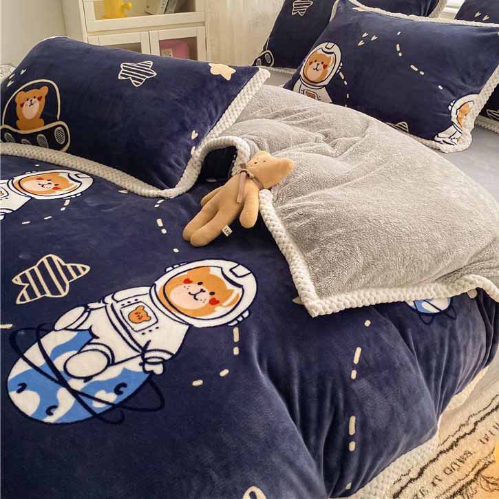 Poly Cute Bear Spaceman Milk Cashmere Flannel Berber Fleece Duvet Cover Bedding Set