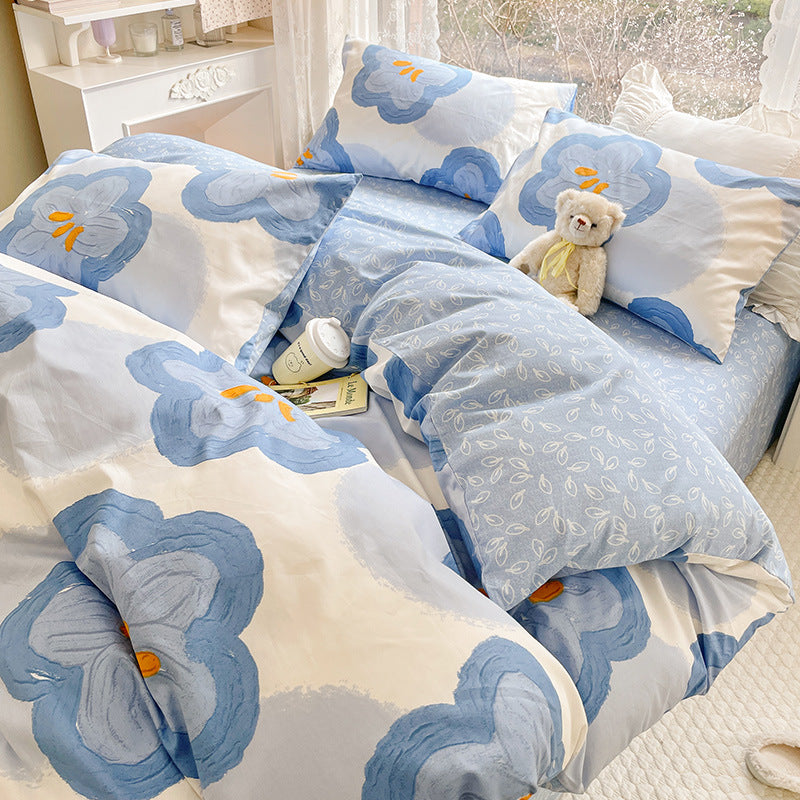 Blue Big Flower Bedding Set Washable 60s Cotton Duvet Cover Bedding Set